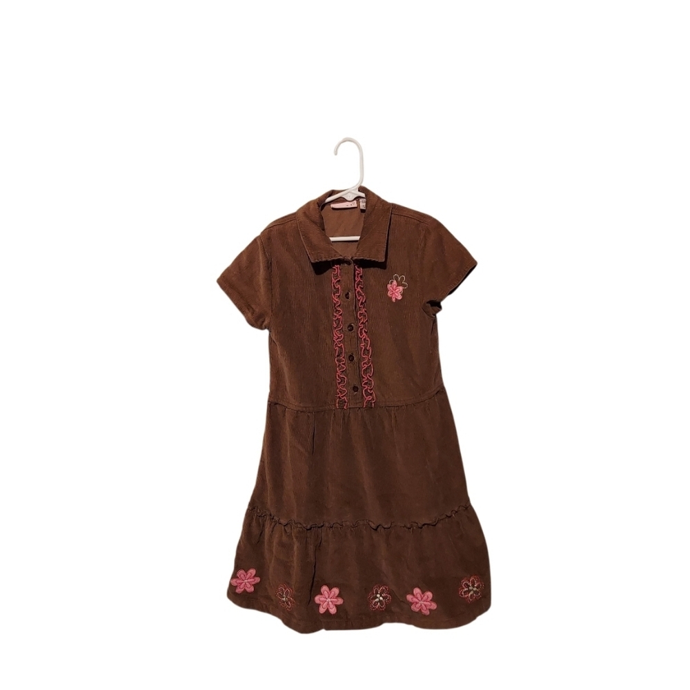 Corduroy Floral Embroidered Easter Dress Size 10 Brown Pink Boho Country Western